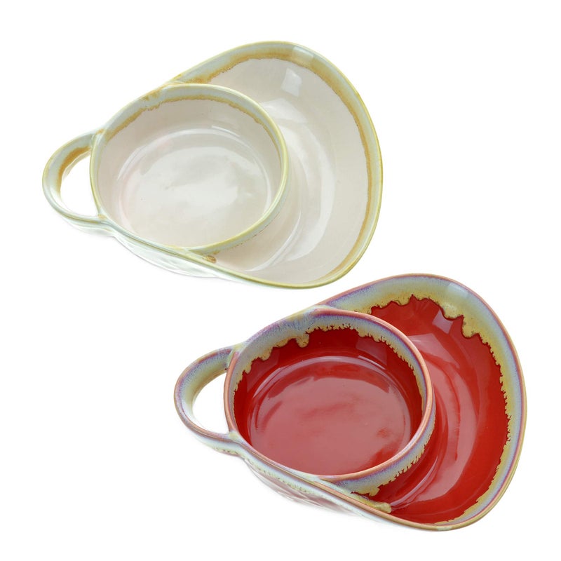 Roe & Moe Stoneware Soup & Side  Chips & Dip Bowl Set of 2 by Roe & Moe (Cream and Red) - Image 1